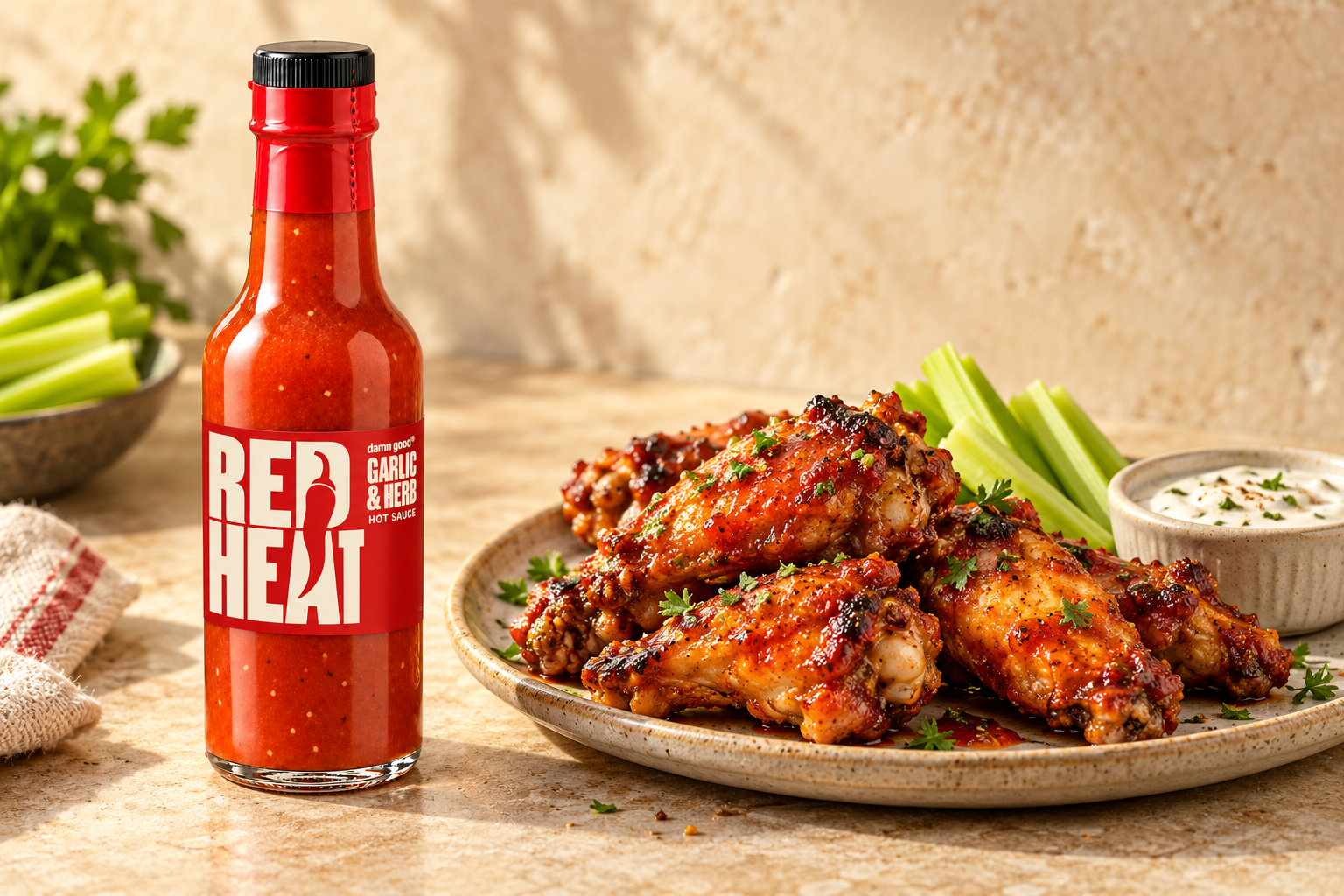 Damn Good Red Heat hot sauce bottle beside glazed chicken wings; styling image.